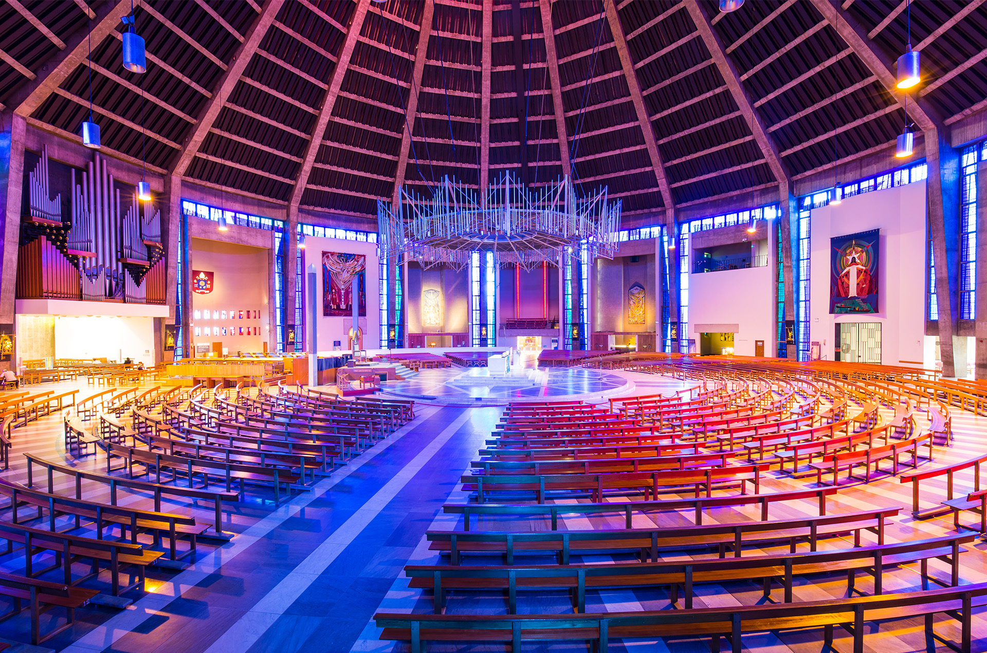 Liverpool Metropolitan Cathedral interior Rows of curved pews inside circular cathedral