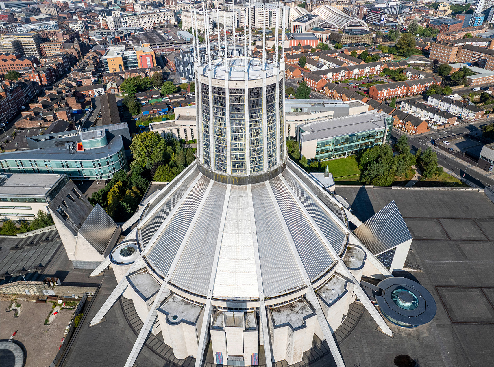 Liverpool Metropolitan Cathedral Aerial view of circular cathedral in the middle of the city