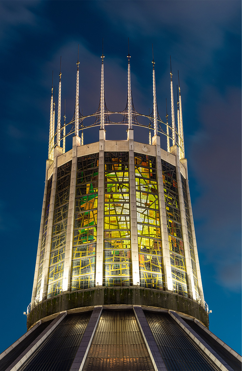 Liverpool Metropolitan Cathedral Close up of stained glass spikes on top of cathedral