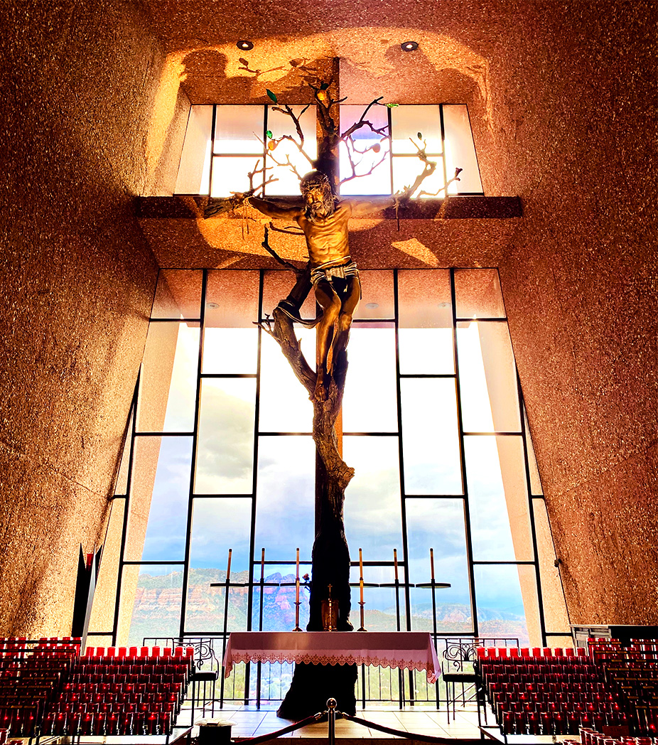 Chapel of the Holy Cross, Sedona, Arizona Crucifix at the top of an altar inside concrete church