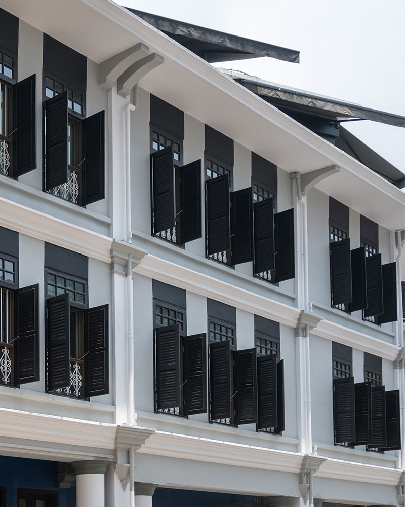 Frontage of terraced black and white houses, Singapore Photo of frontage of terraced black and white houses, Singapore