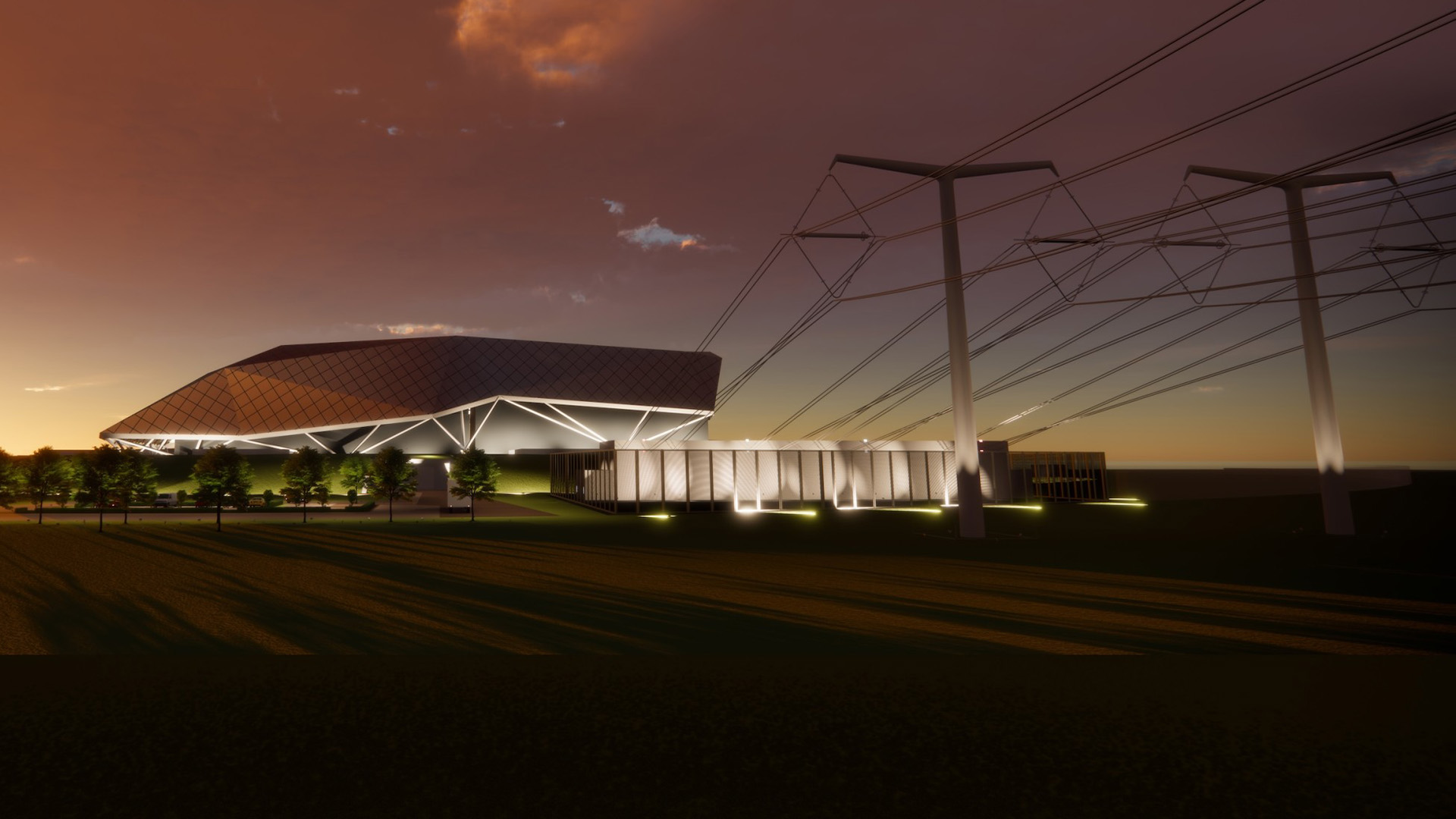 A Rolls Royce SMR at night A render of a Rolls Royce SMR at night