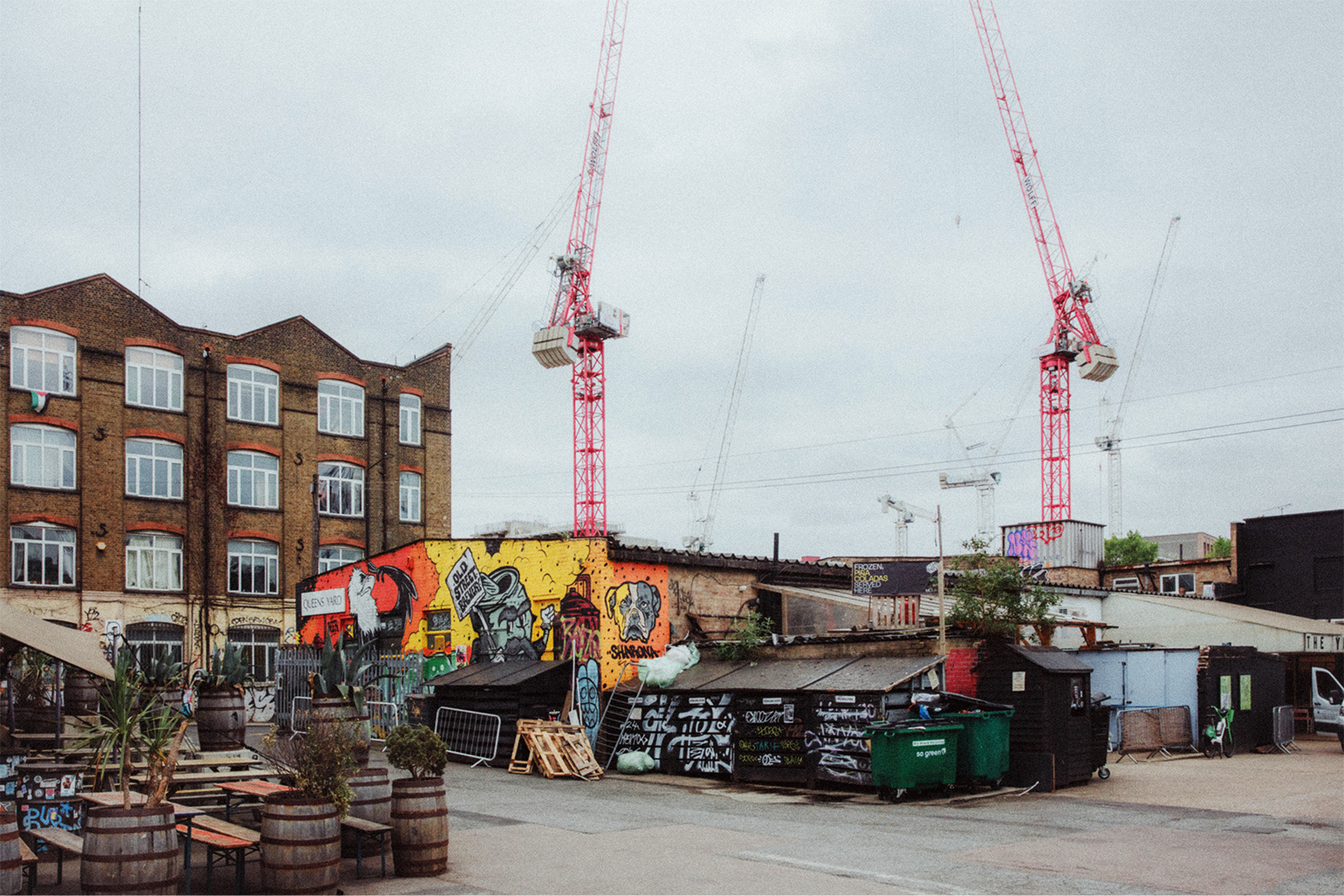 Hackney Wick Queens Yard Night time venues in Hackney Wick with cranes in background