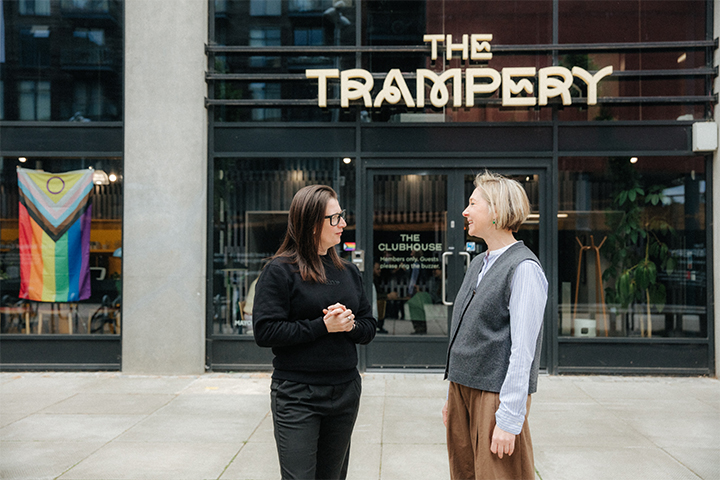 The Trampery Hackney Wick Yulia speaks to colleague outside the Trampery workspace