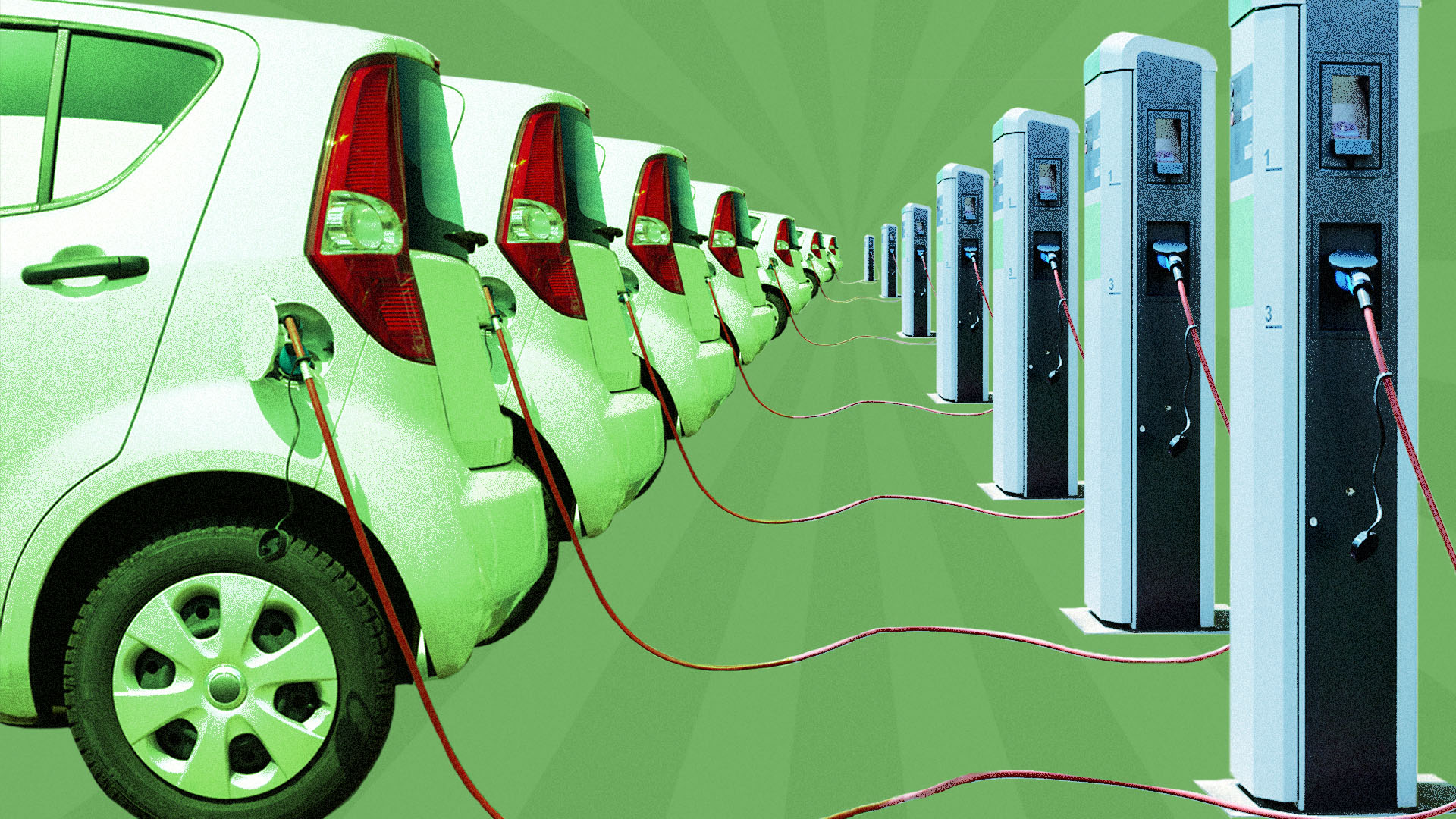 Radial green background with electric cars charging
