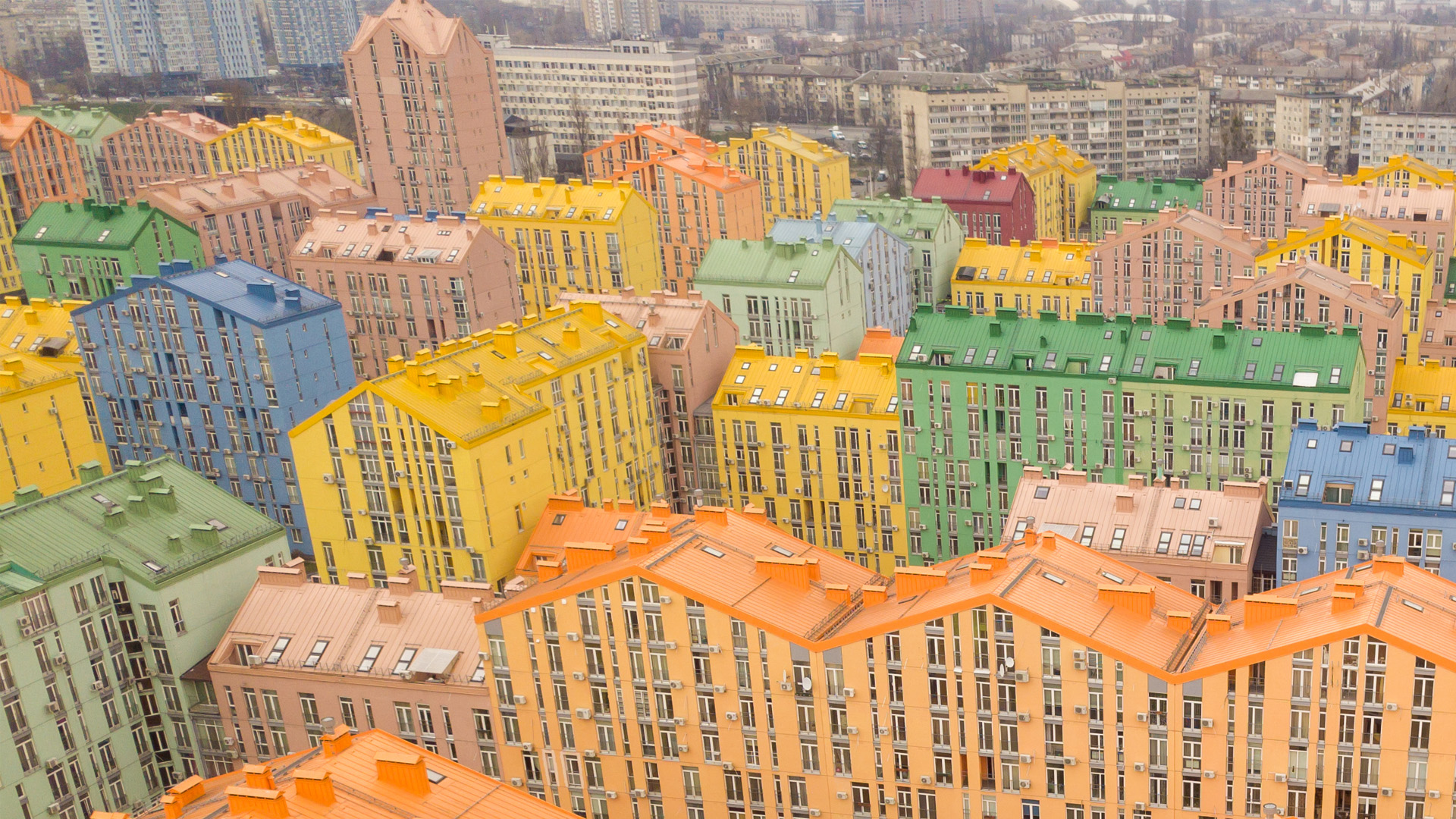 Aerial view of colourful buildings