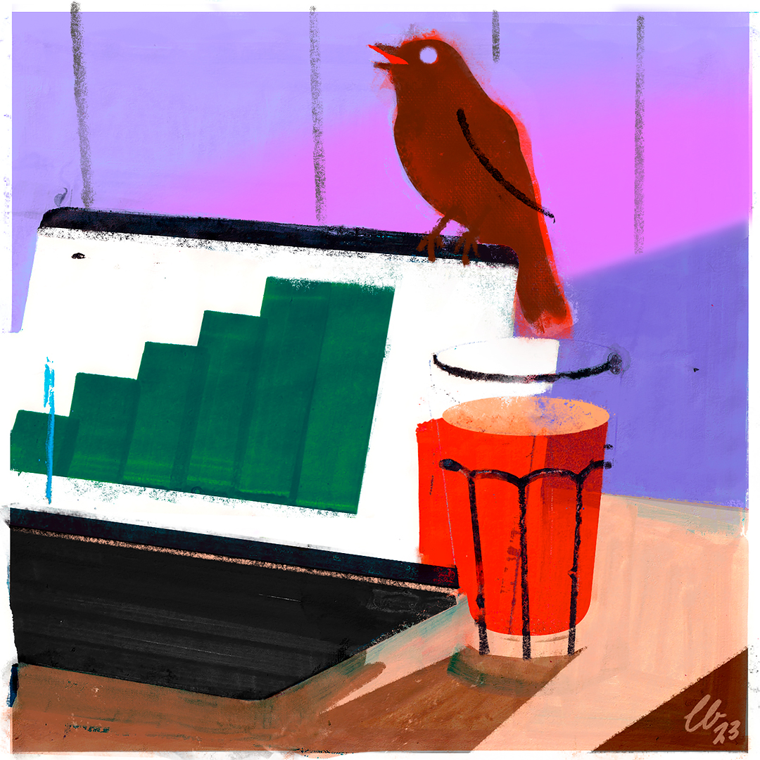 Bird sits on top of a laptop with a glass of juice next to it