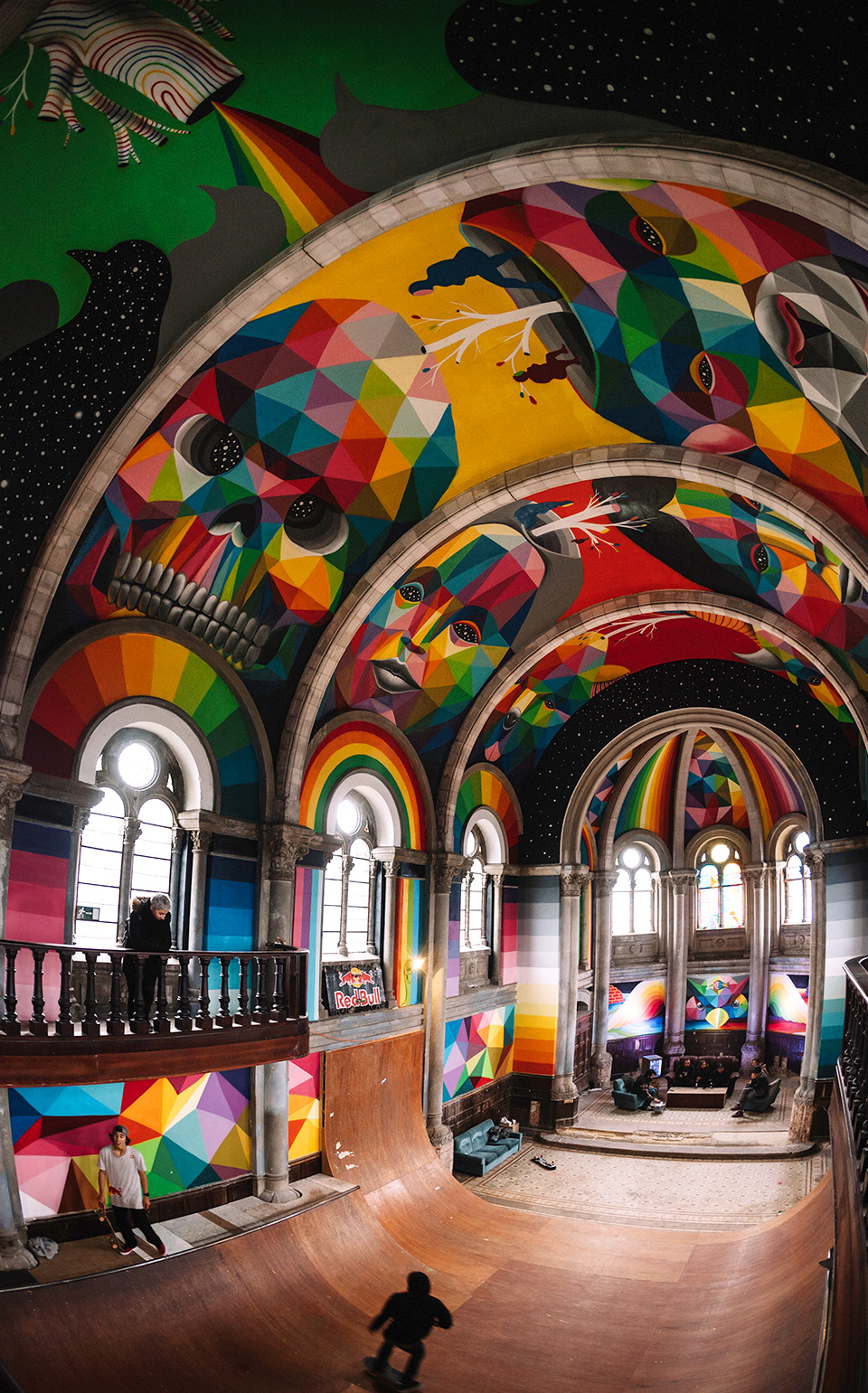 Skate ramp in former church and colourful murals