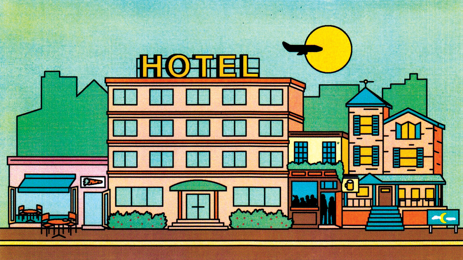 Illustration showing a hotel  on a residential street