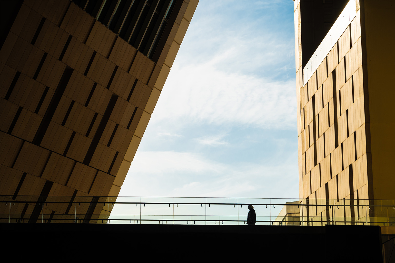 Grand Egyptian Museum bridge Silhouette of a person walking across a bridge between museum buildings