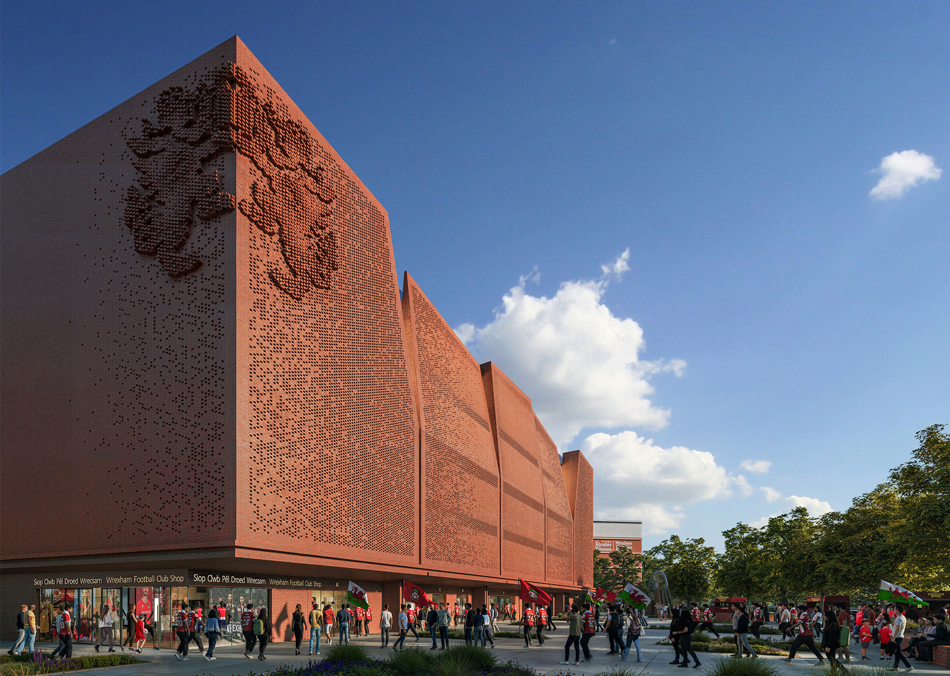 Render of the planned Wrexham Stadium in the day Render of the planned Wrexham Stadium in the day