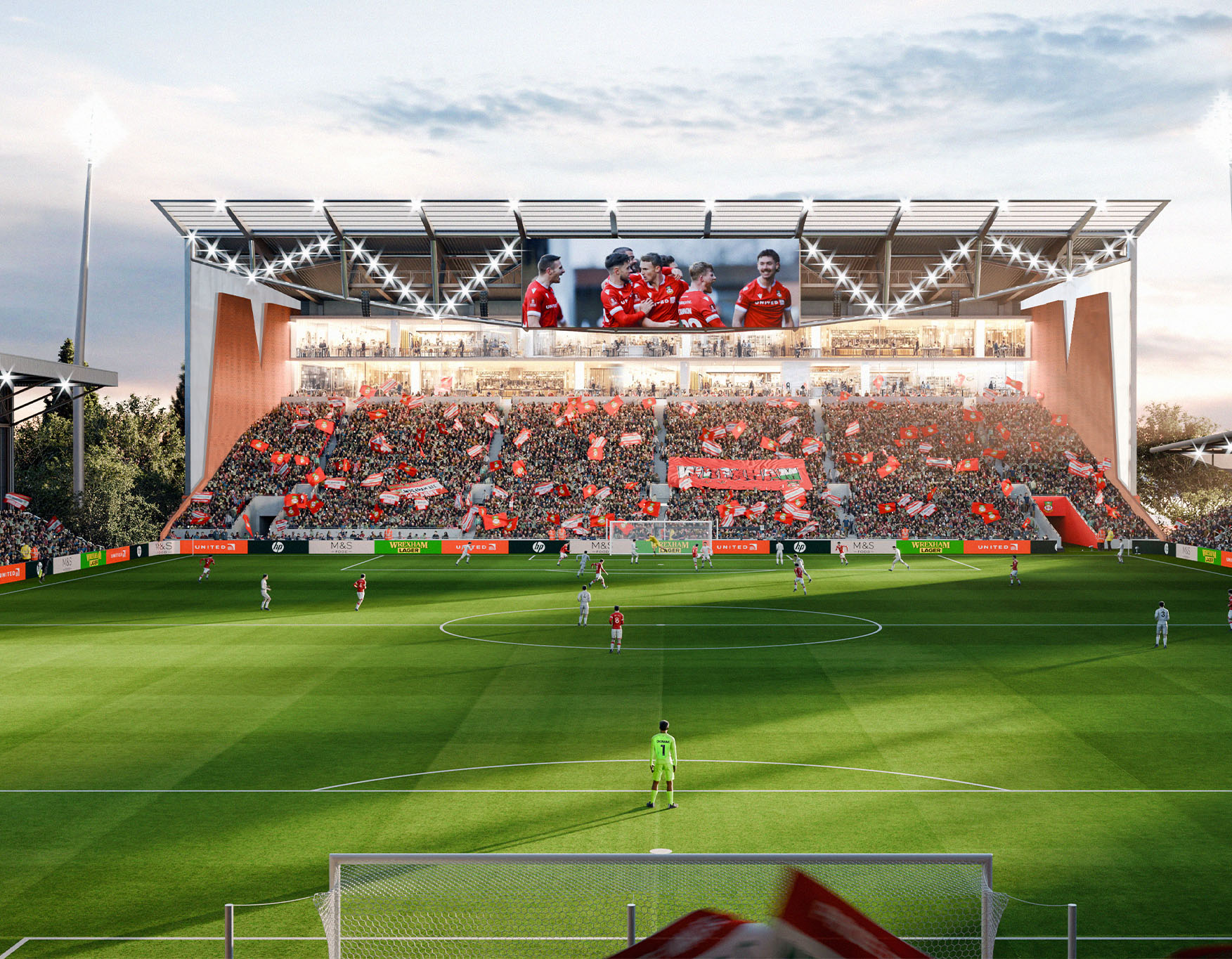 Render of the planned pitch view at Wrexham Stadium Render of the planned pitch view at Wrexham Stadium
