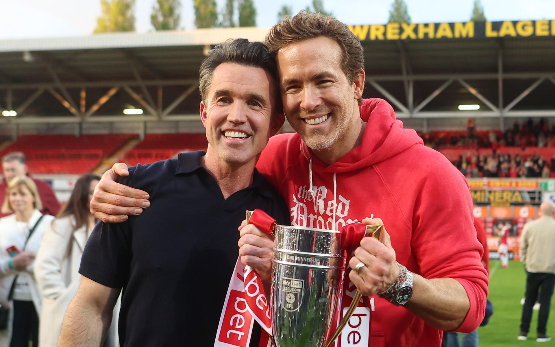Rob McElhenney and Ryan Reynolds Wrexham co-owners Rob McElhenney and Ryan Reynolds as they celebrate promotion to the Championship in April 2025