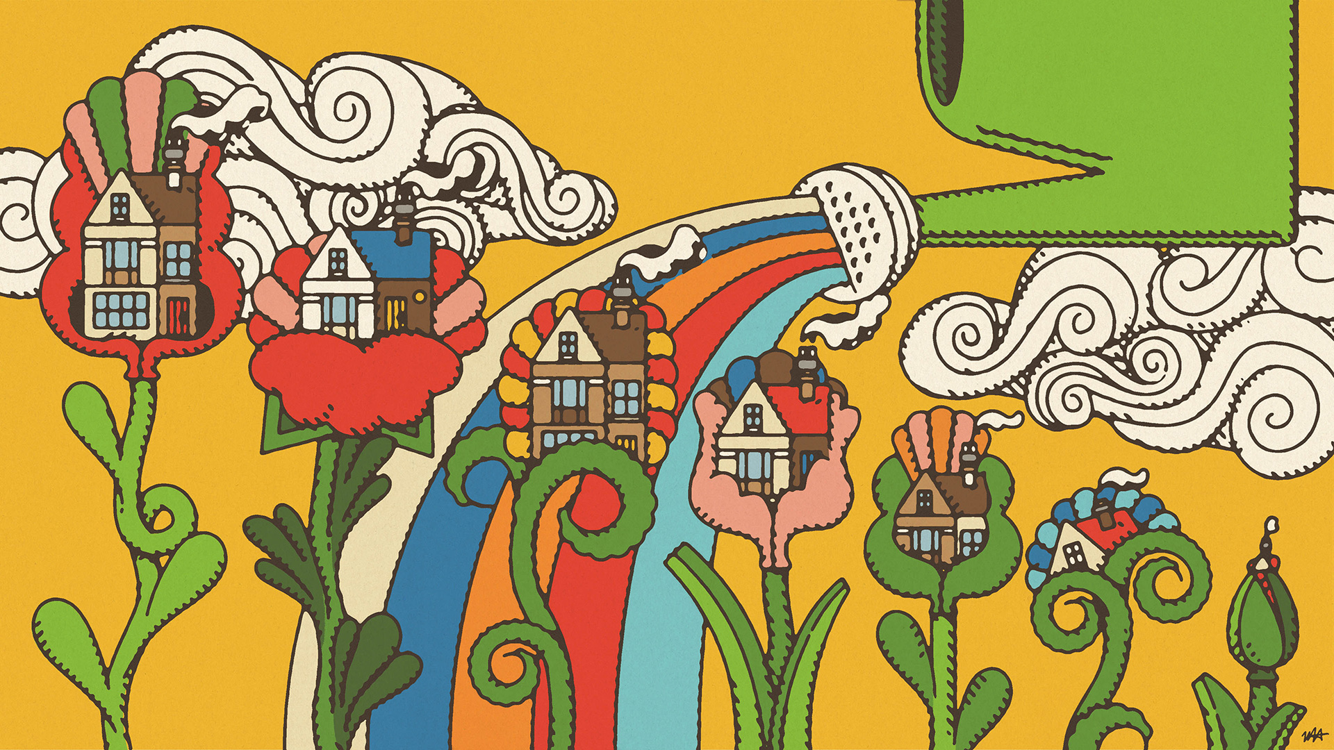 Illustration of houses being watered