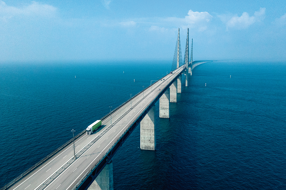 Øresund Bridge connects Copenhagen in Denmark with Malmö in Sweden