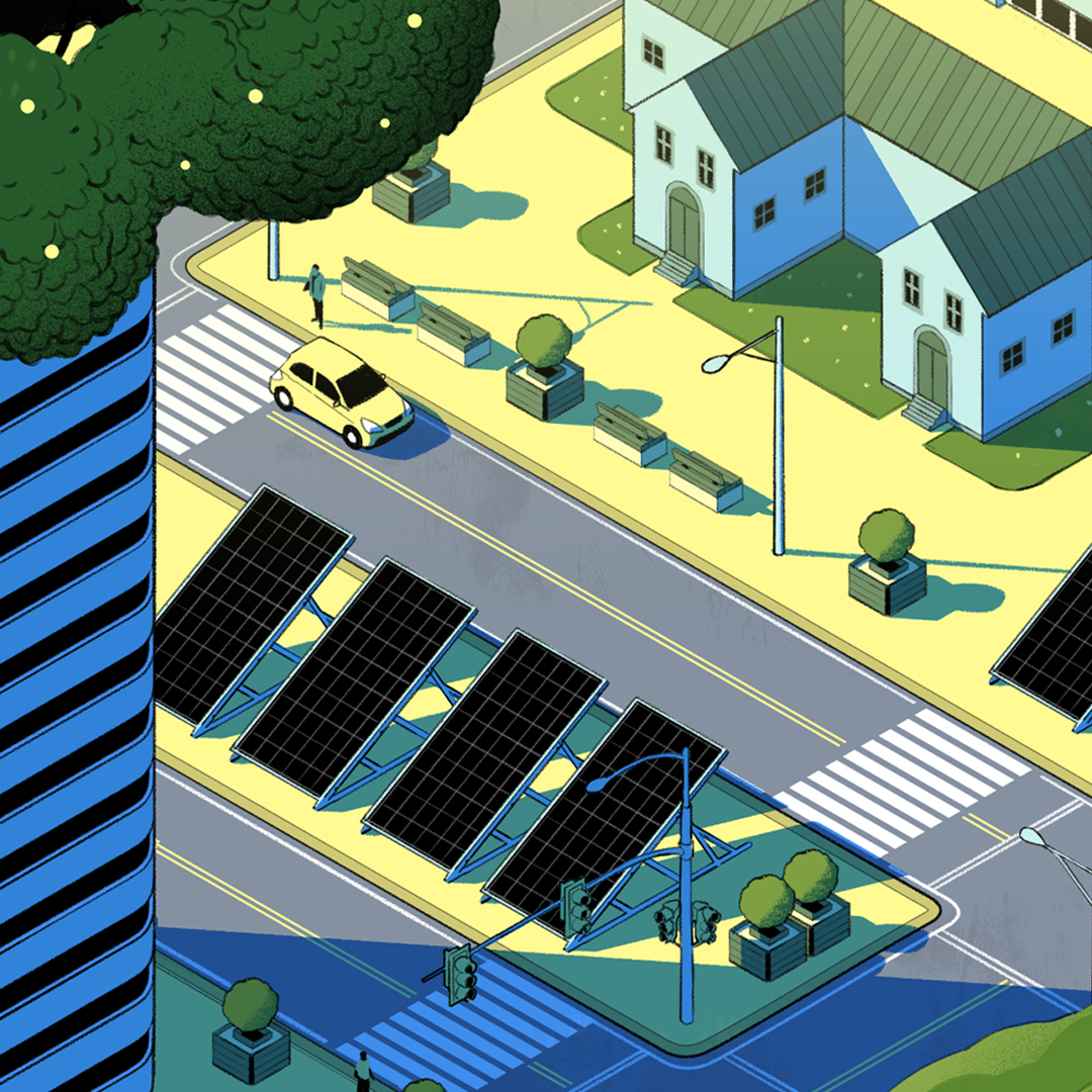 Solar panels alongside road in green residential city