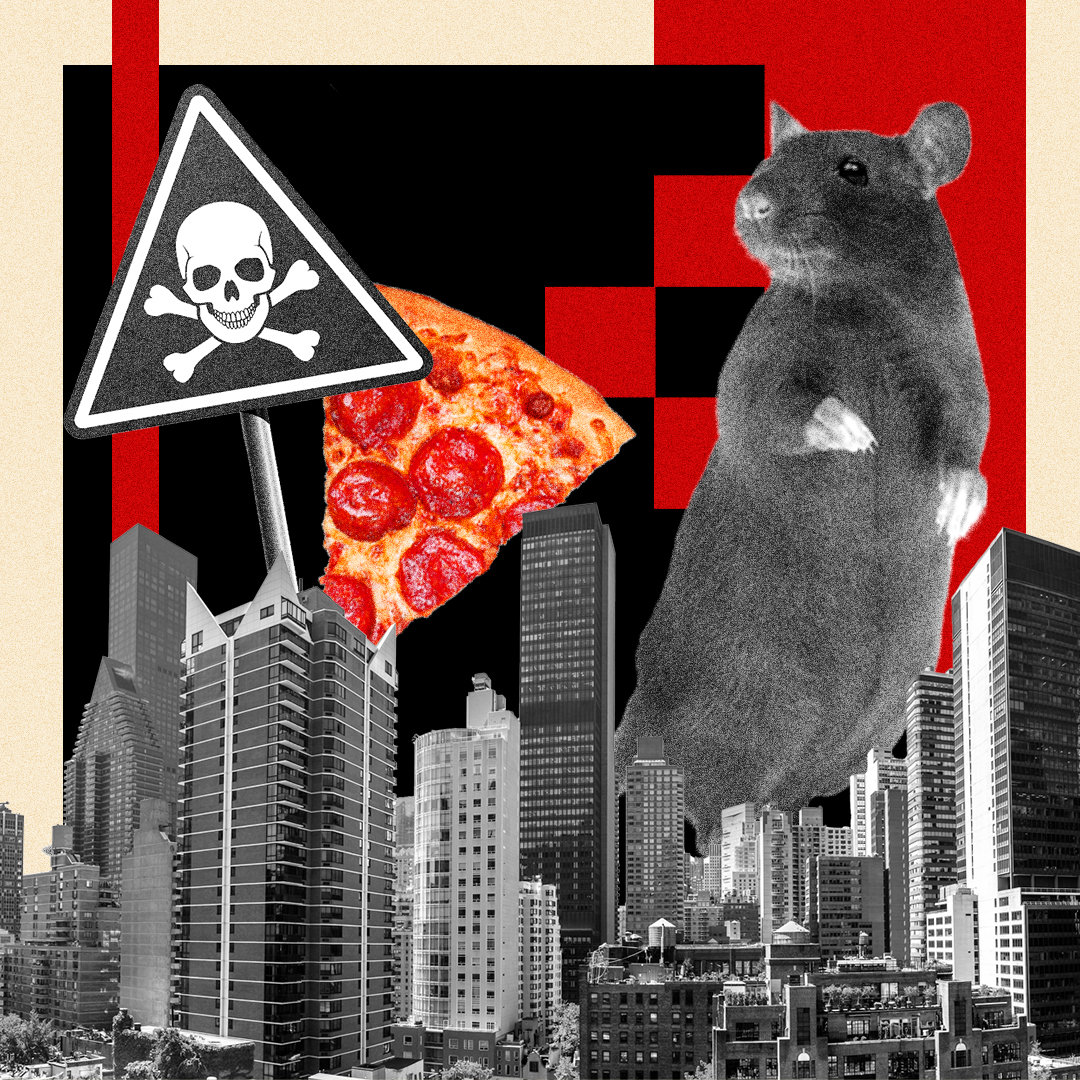 City skyline with giant rat, poison sign and slice of pizza