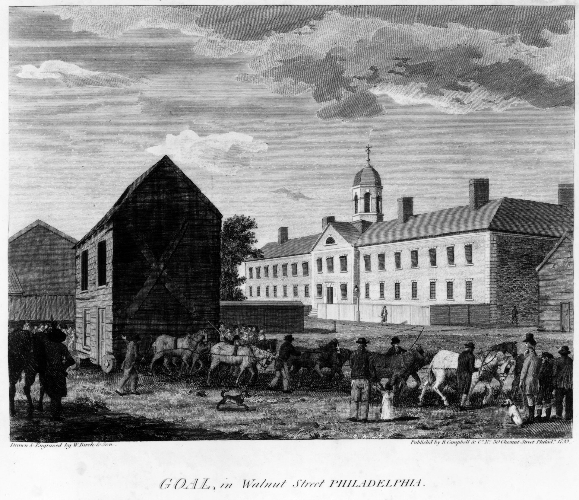 Drawing of a jail in Walnut Street Philadelphia