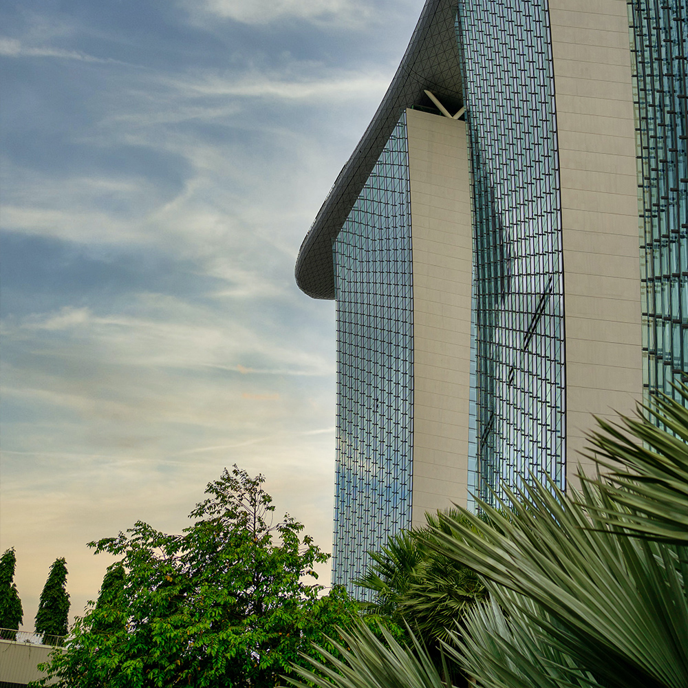 Photo of Marina Bay Sands from bushes at sunset