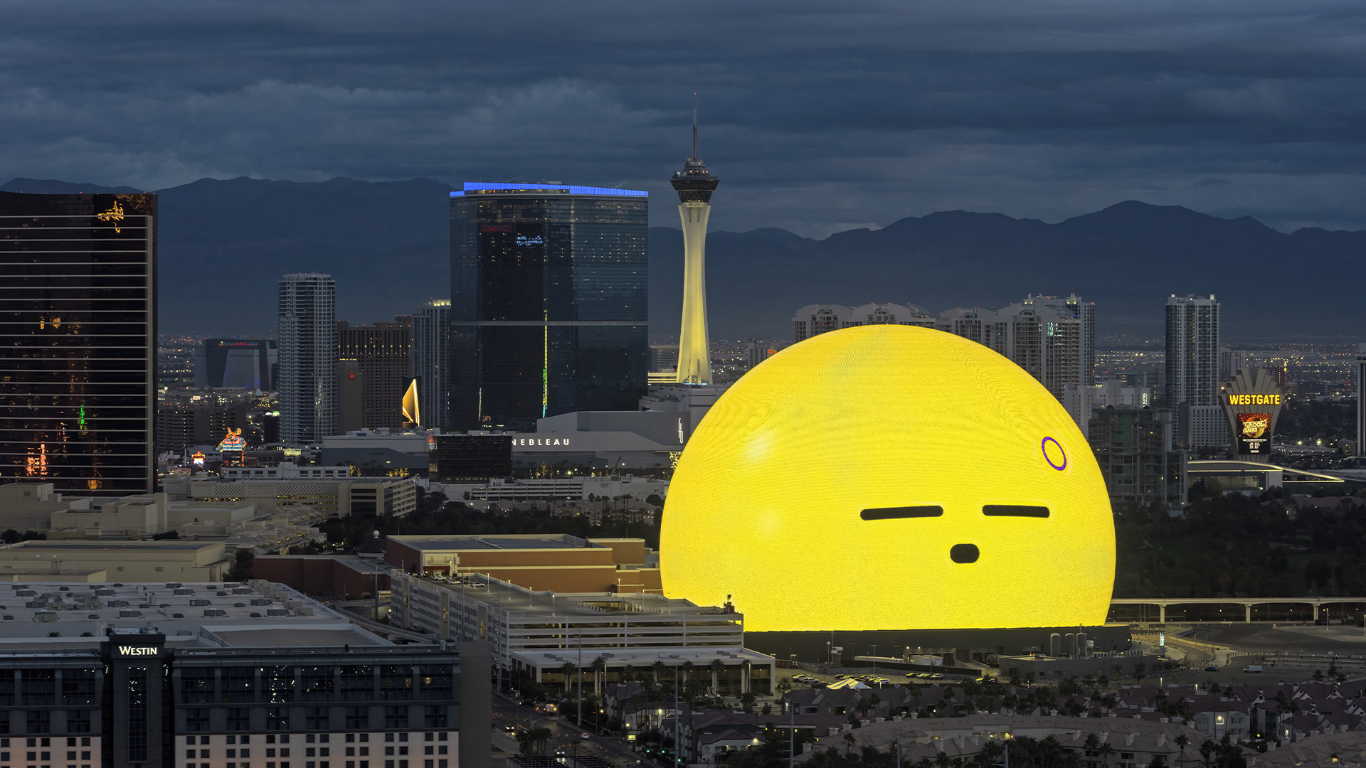 Las Vega Sphere showing a sleeping emoji