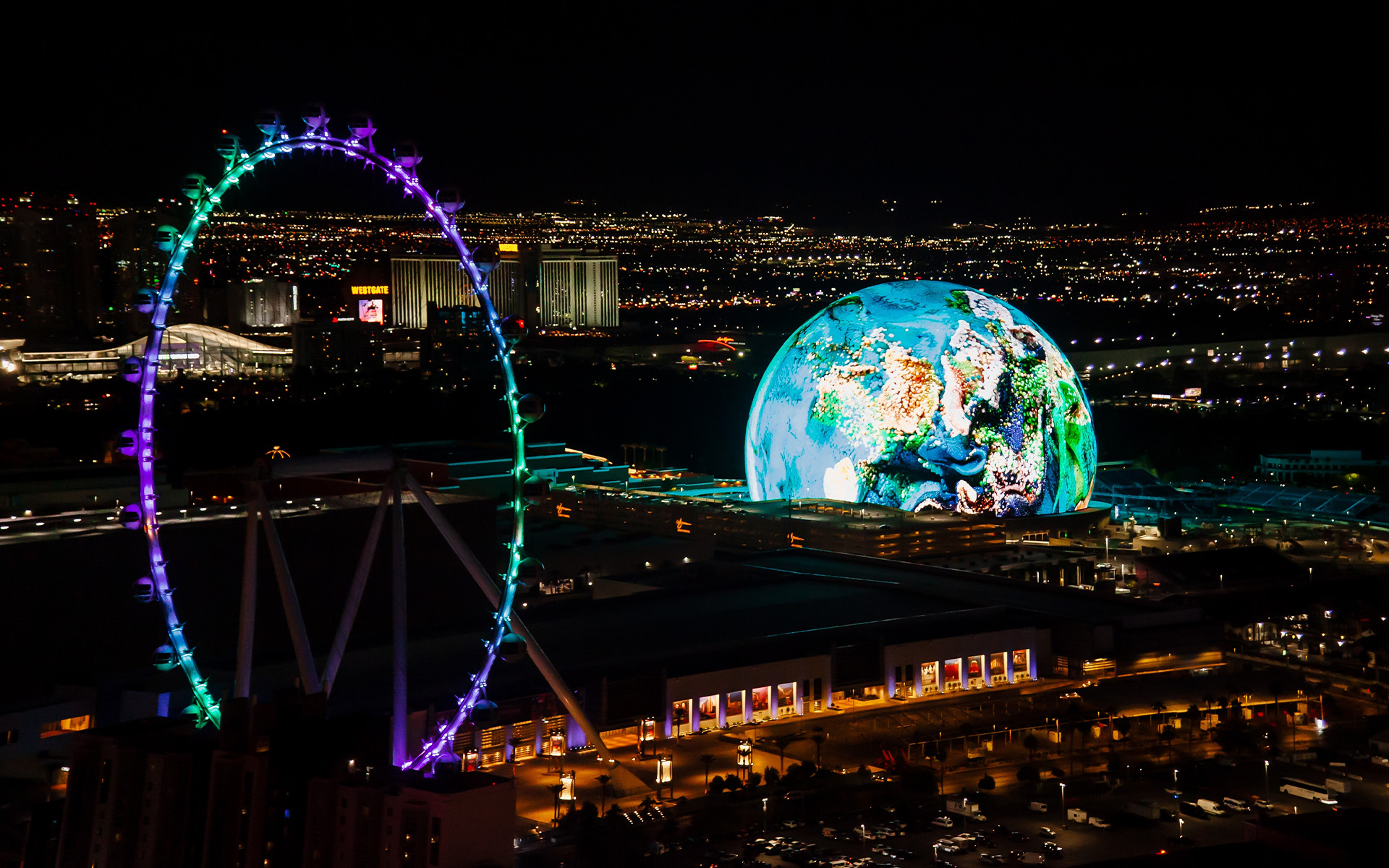 Las Vegas Sphere showing a globe in the landscape