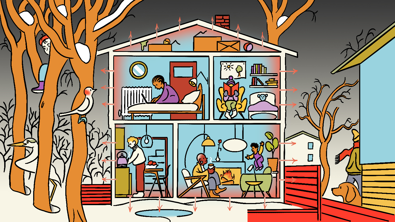Illustration of peoplein a home where heat is escaping