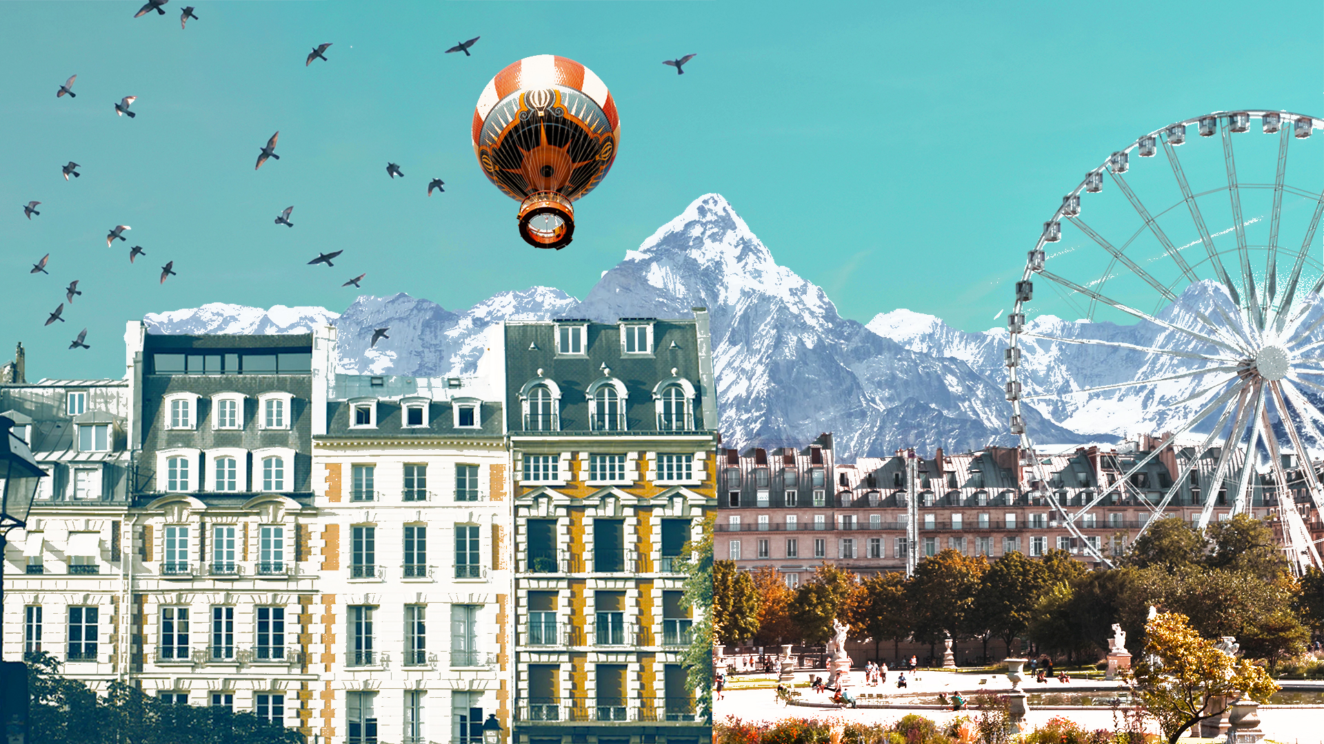 Collage of European buildings, mountain backdrop, hot air balloon and ferris wheel