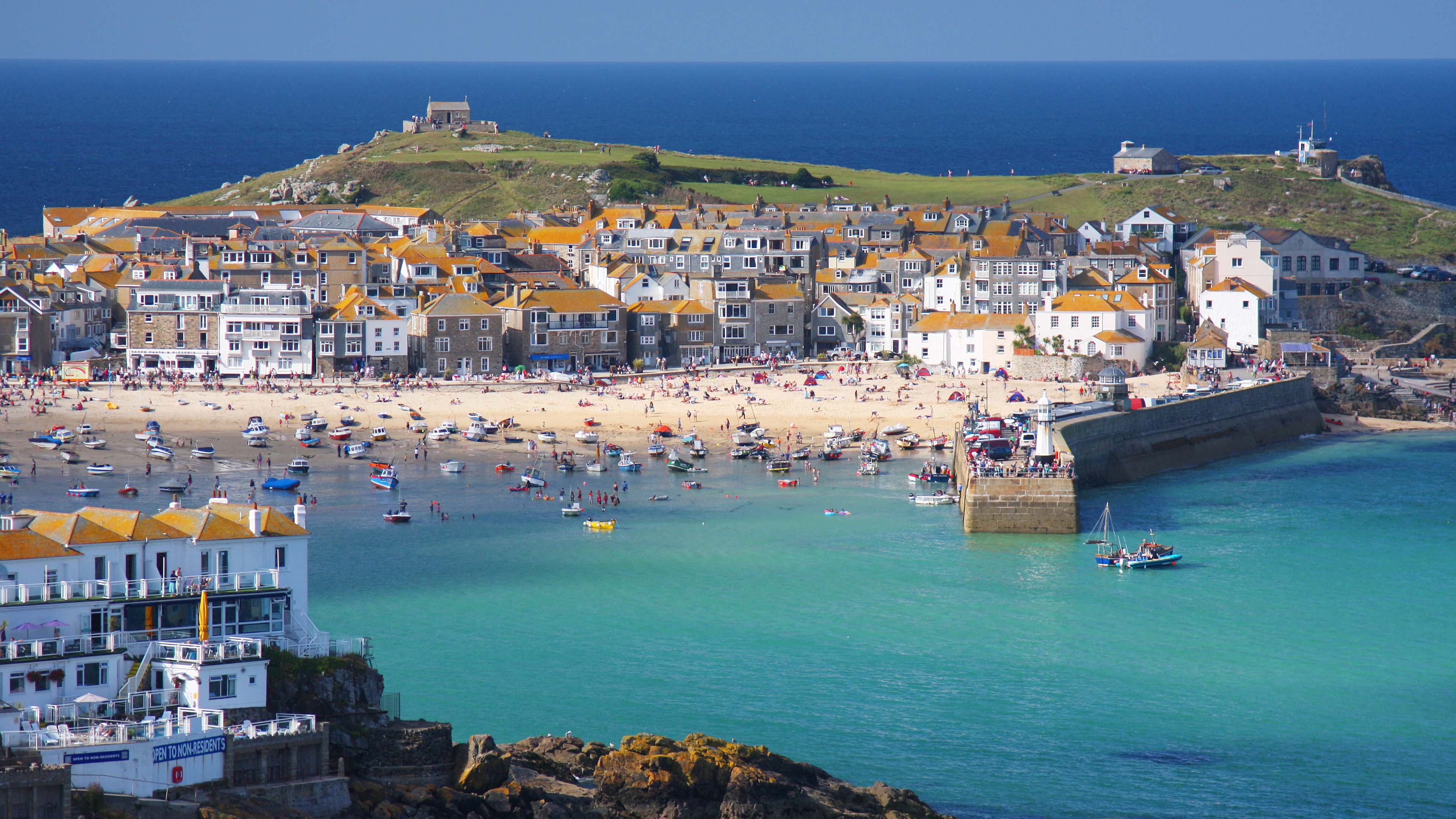 Aerial view of houses on the beach in St Ives Cornwall