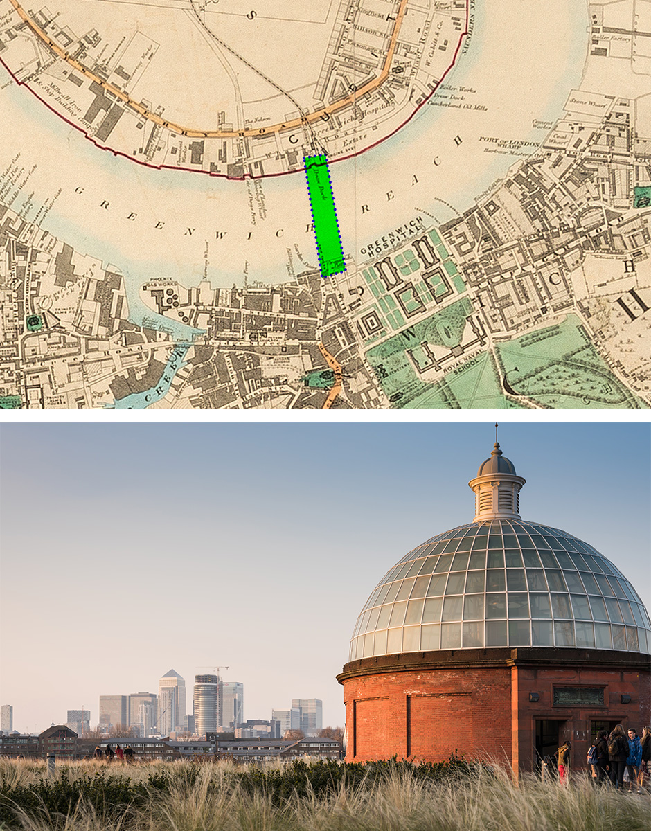 Comparison of archive London map and Greenwich Tunnel