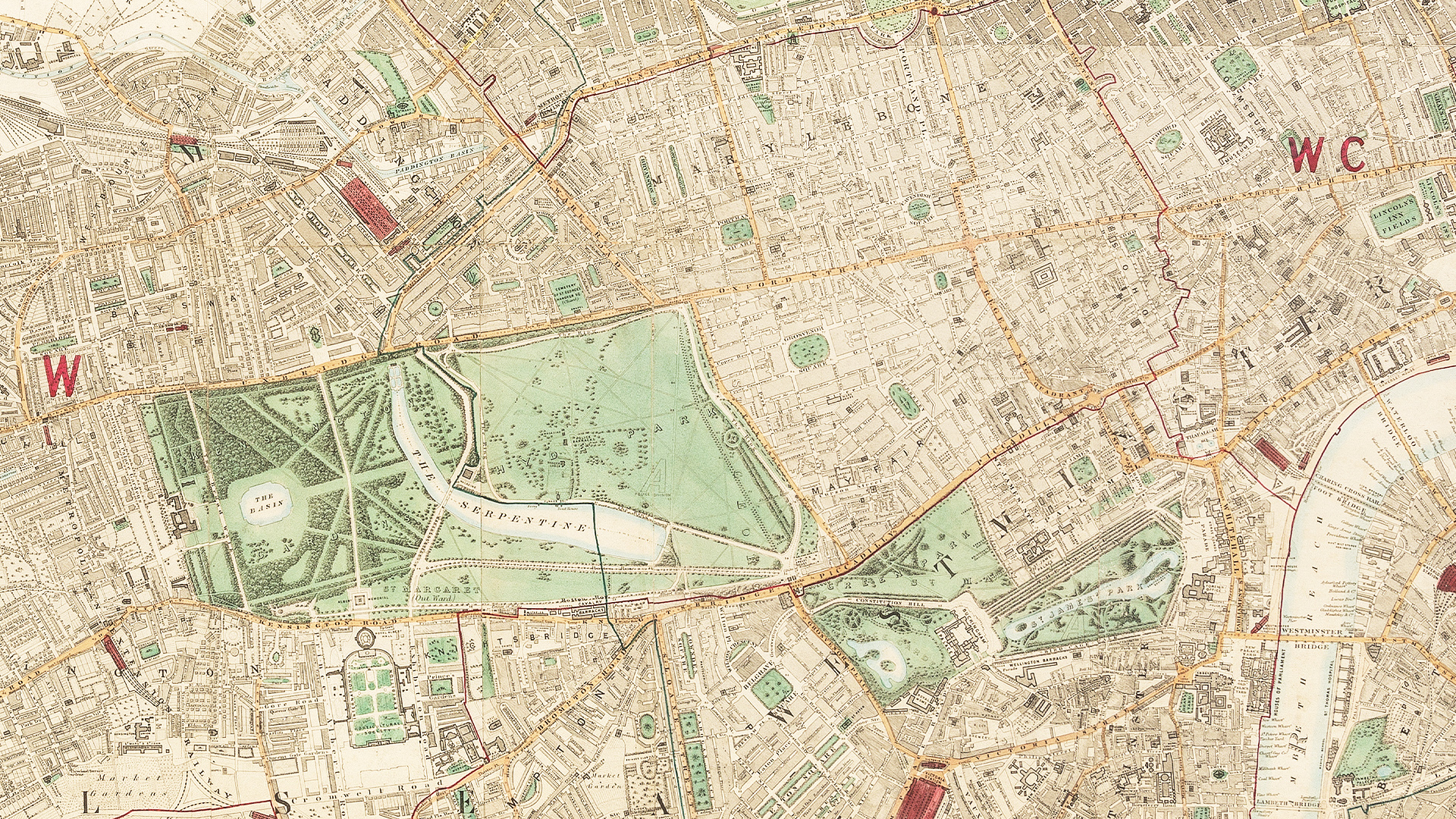 Archive map of London showing Hyde Park