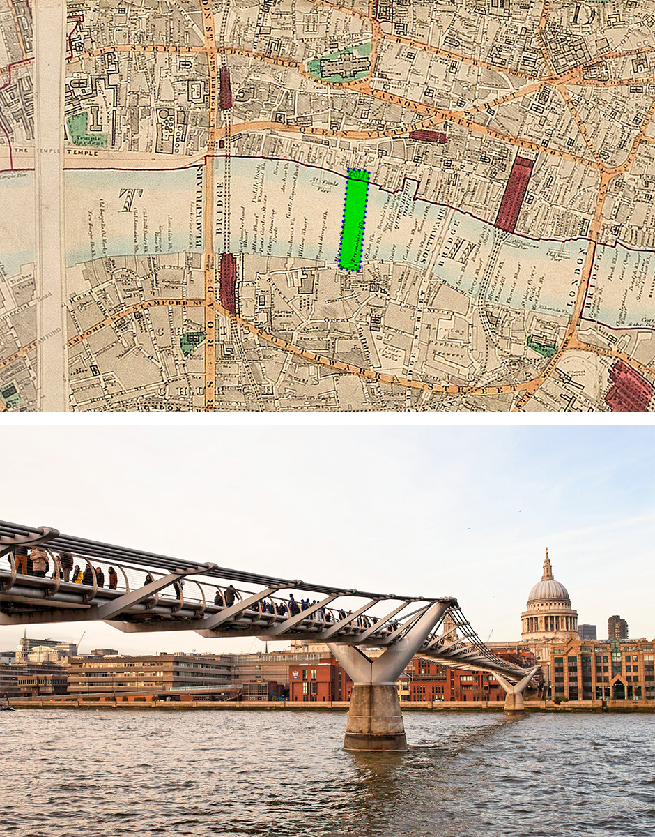 Comparison of archive London map and Millennium Bridge
