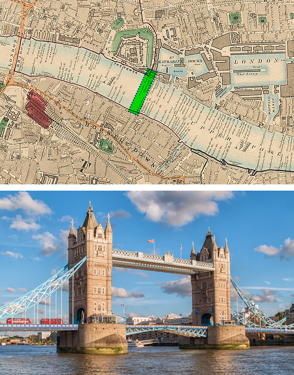 Comparison of archive London map and Tower Bridge