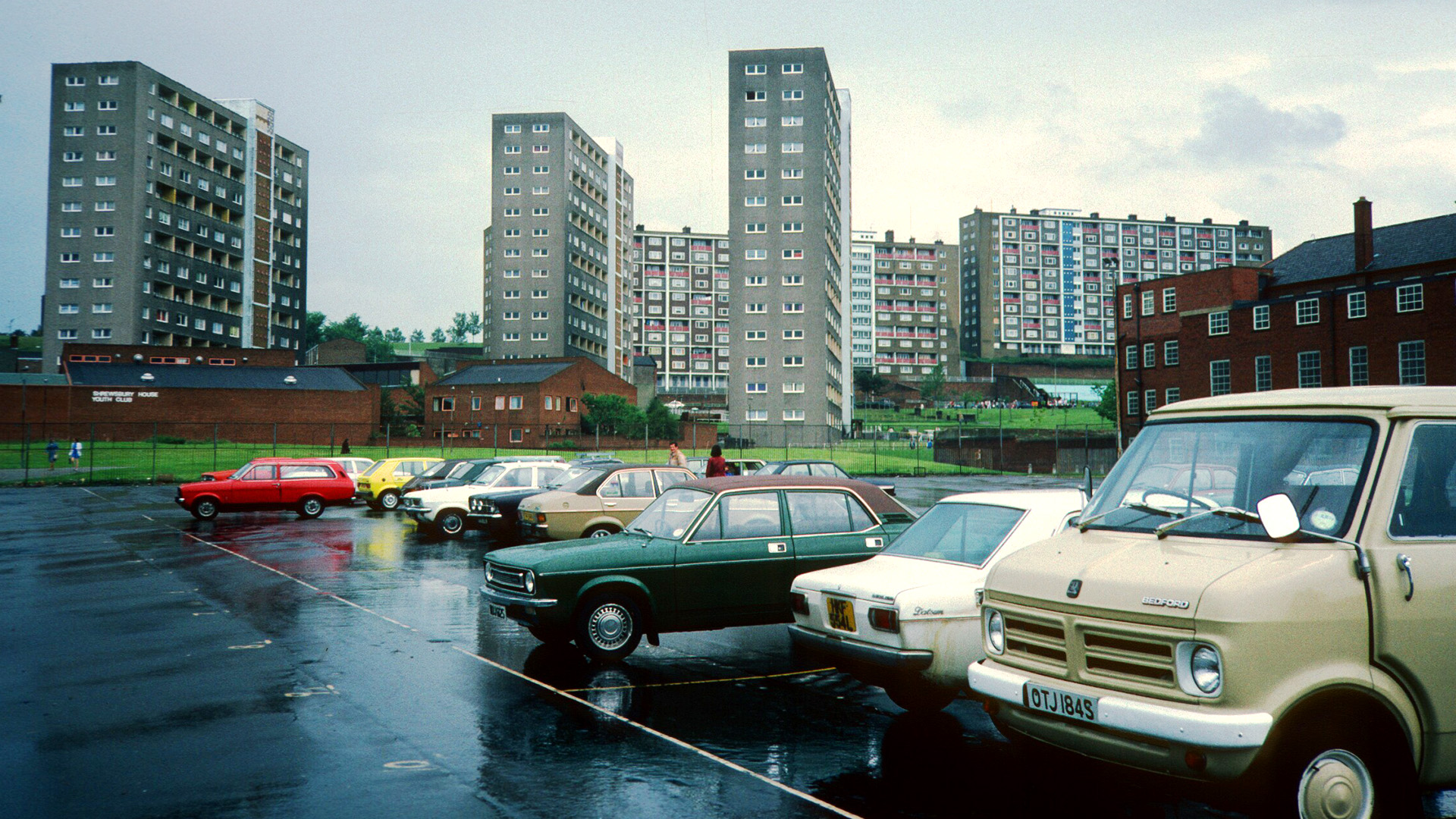 Mazzini House, Garibaldi House, Cavour House Liverpool 1982 Photo from 1921. Multi-story tower blocks and cars