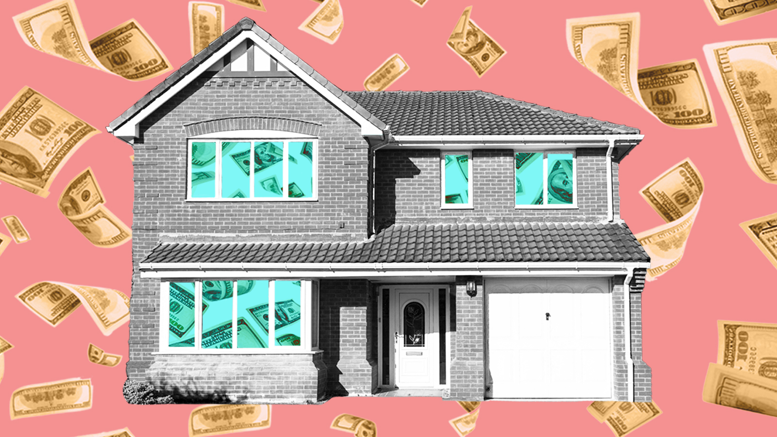 Photo of a house with dollar bills flying around it