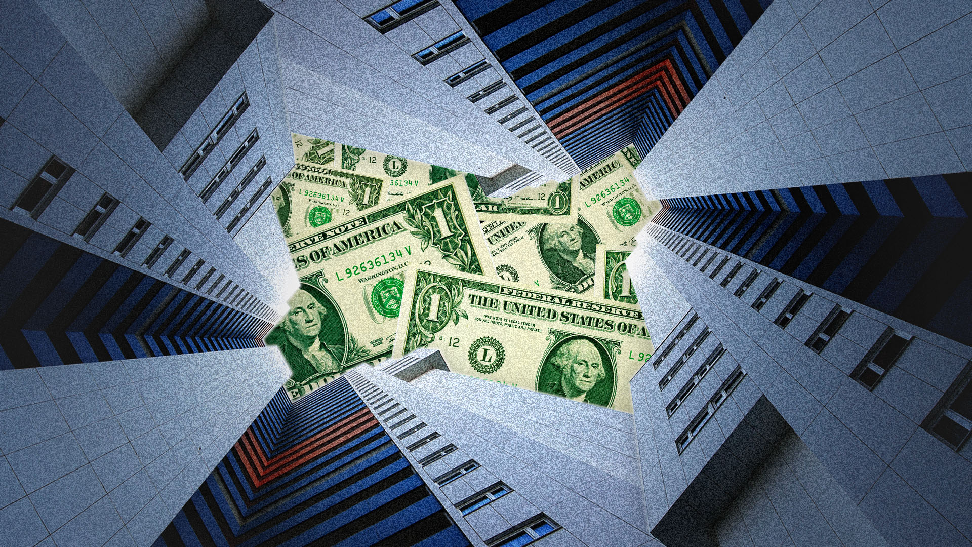 Collage of dollar bills hidden behind buildings