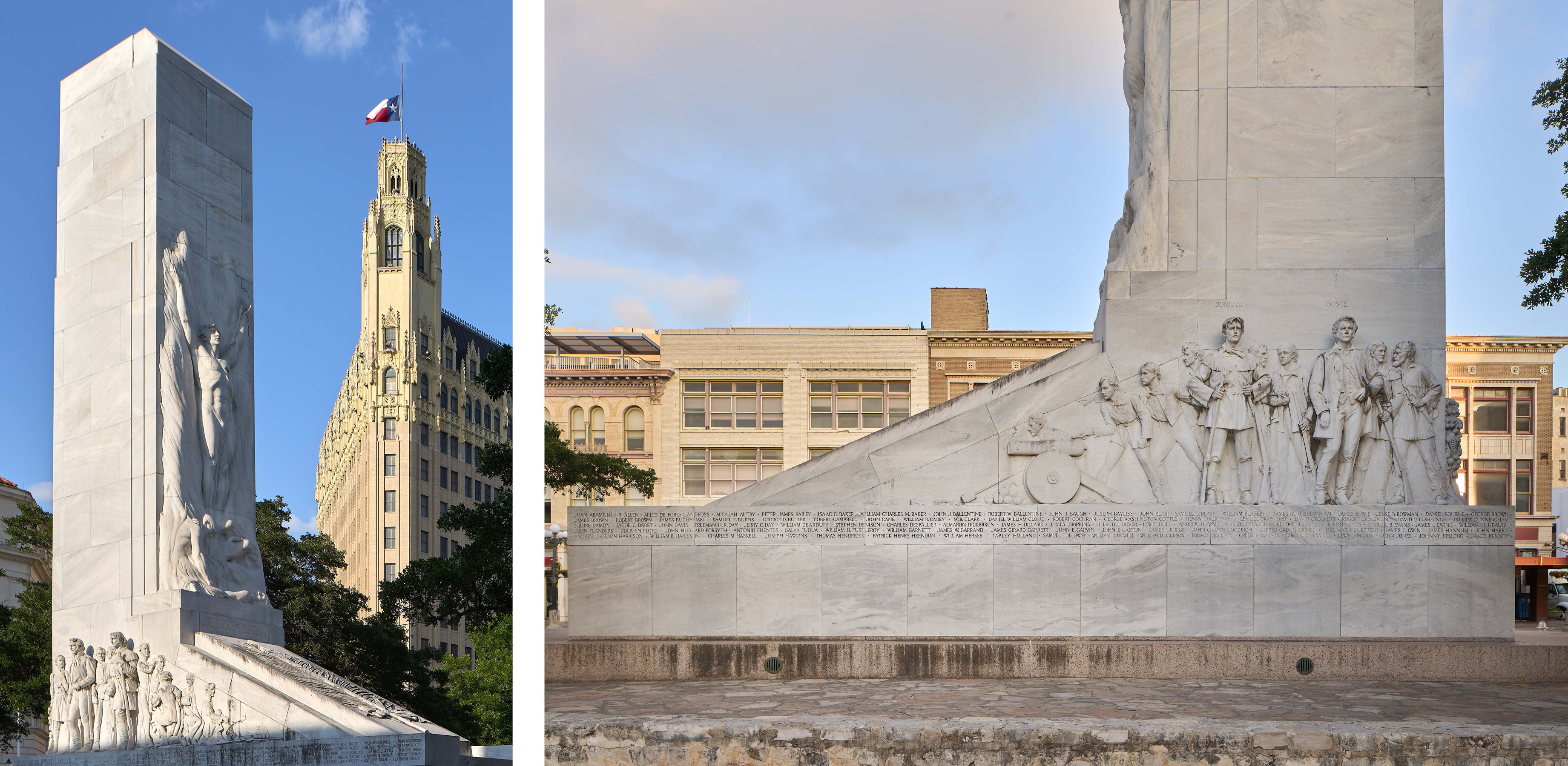 Two photos of the cenotaph at the Alamo
