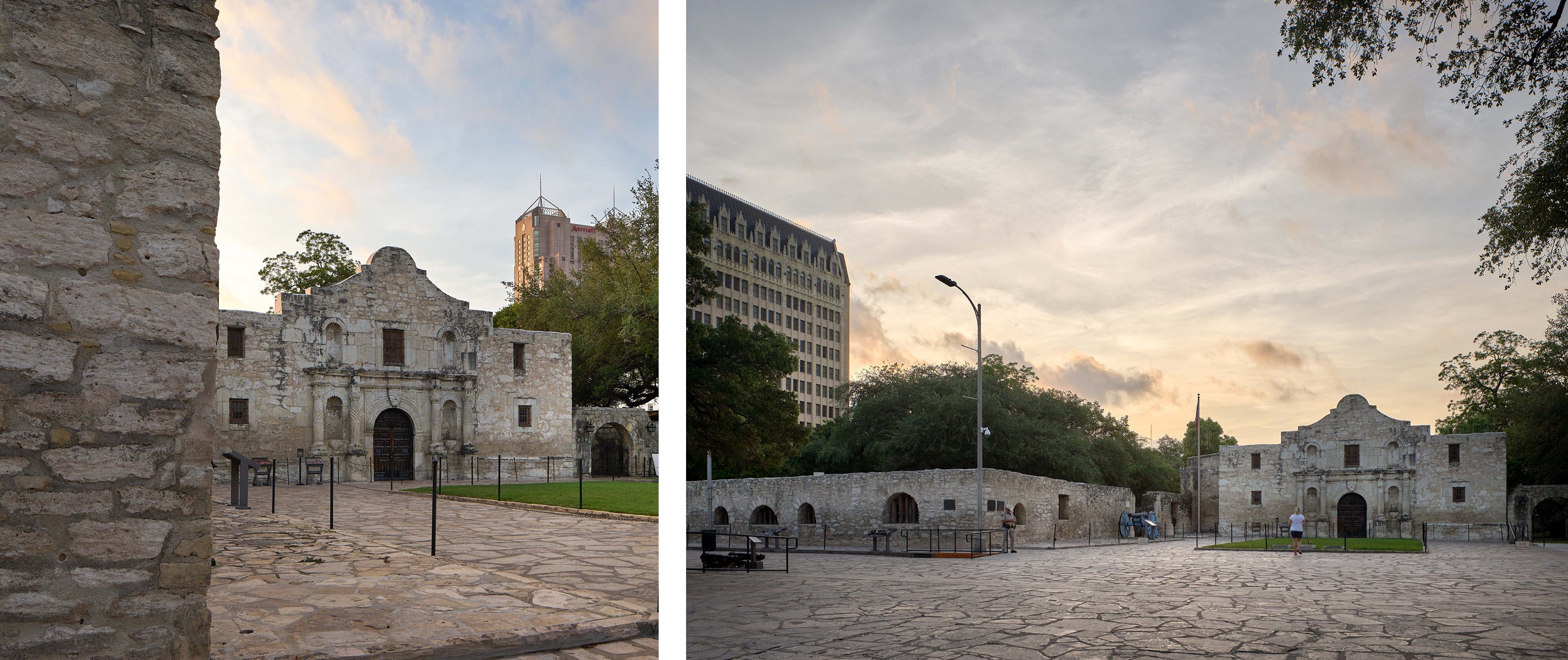 Two photos of the Alamo at sunrise