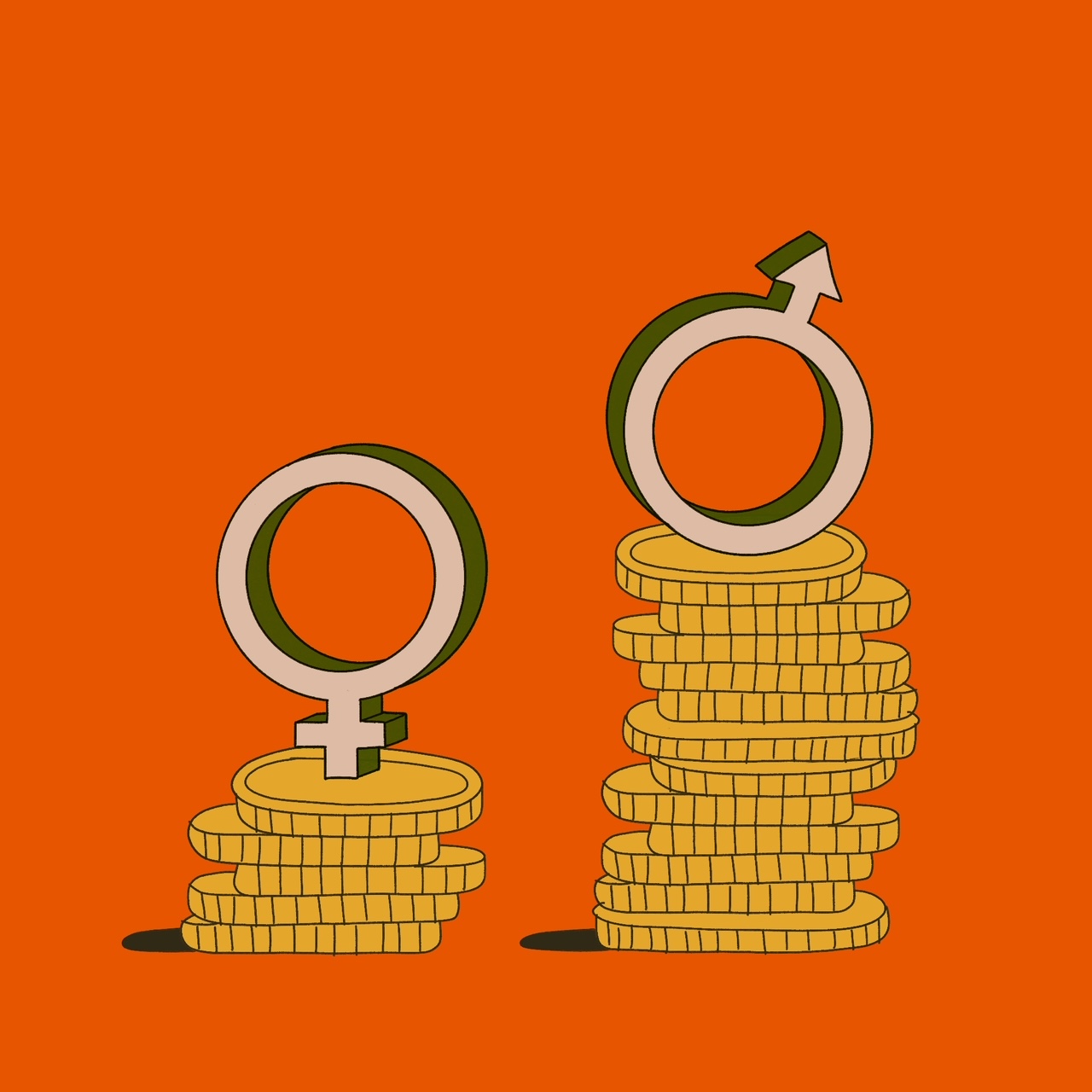 One short stack of coins with a female gender sign, and a tall stack of coins with a man gender sign