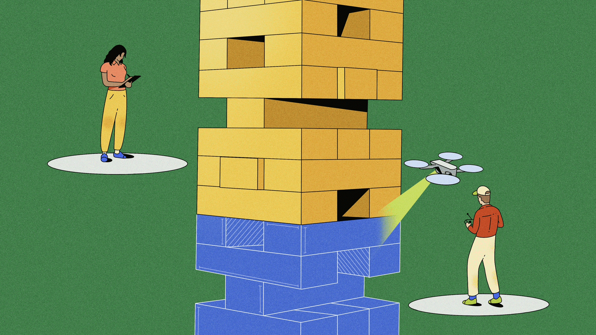Illustration of two people working on a jenga tower