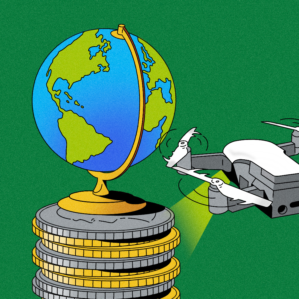 A drone scanning a globe