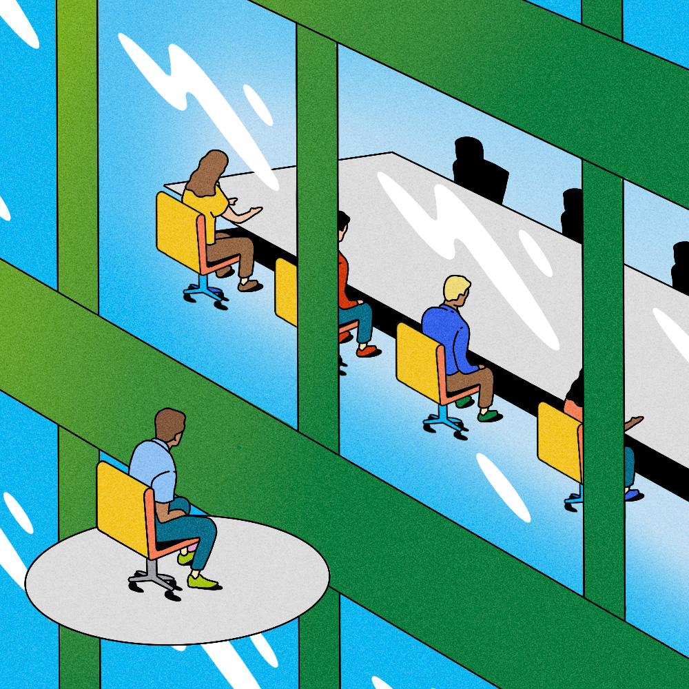 Illustration of someone looking in on a business meeting