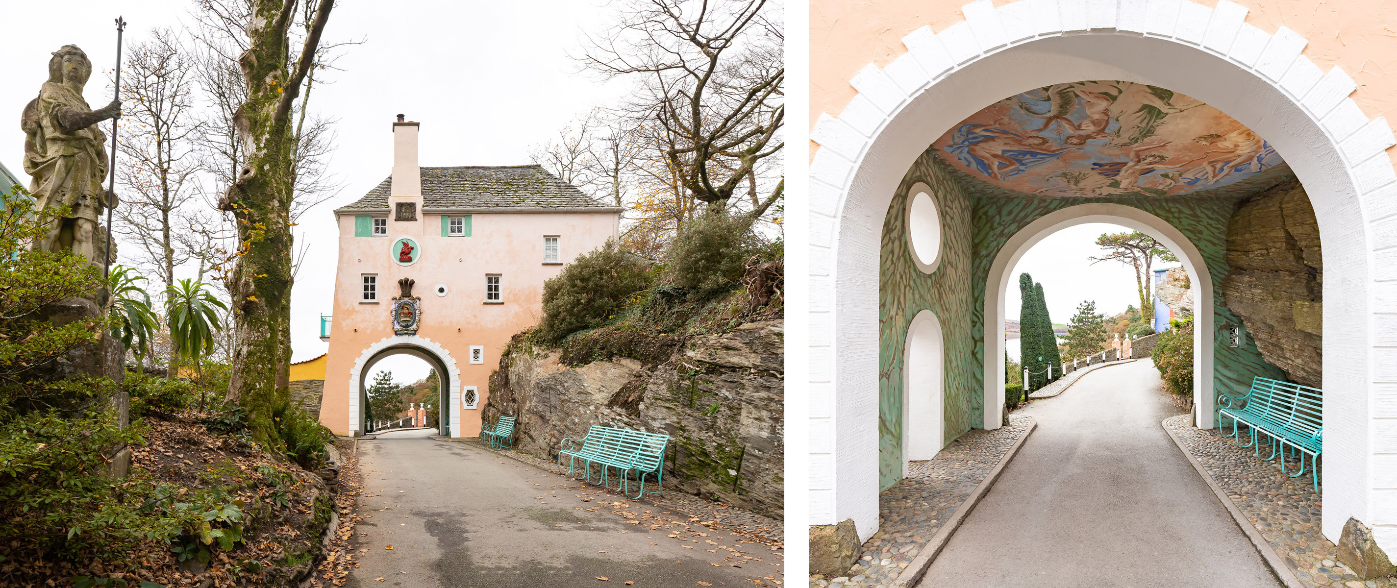 Two photos of the Portmeirion Gatehouse
