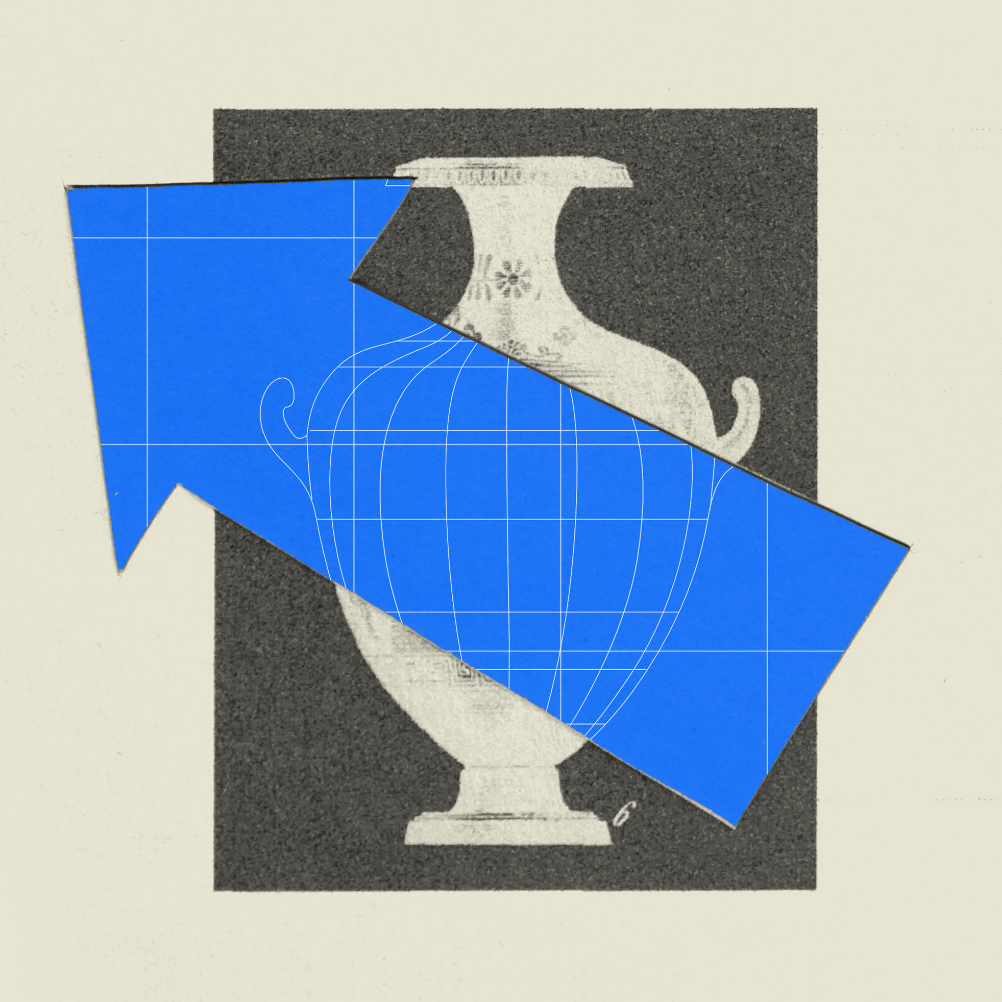 Collage of a vase and a blue arrow