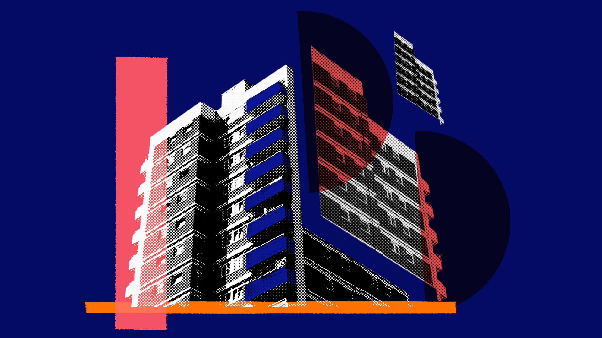 Collage of high rise building overlaid with geometric shapes