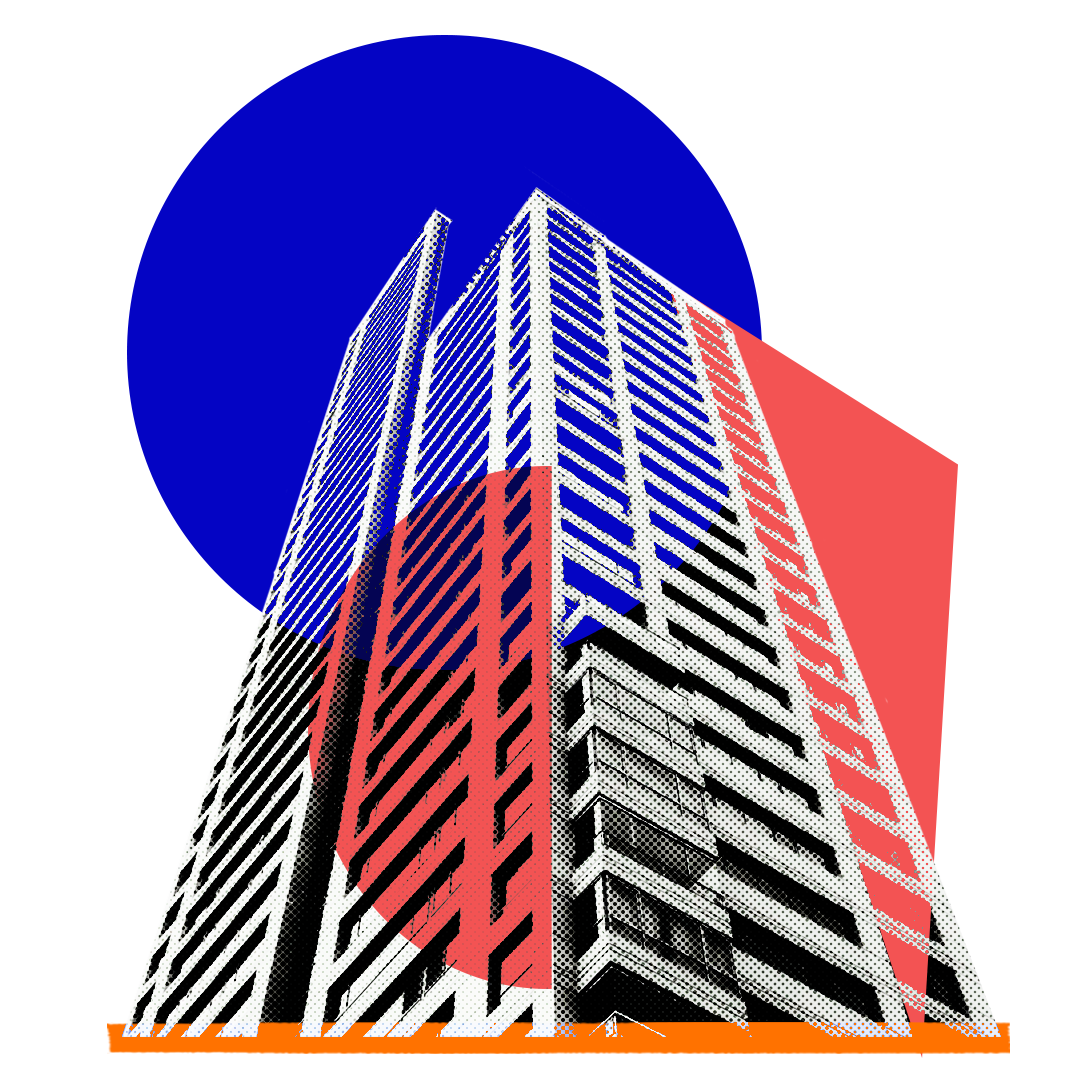 Black and white high rise building overlaid with orange and blue shapes