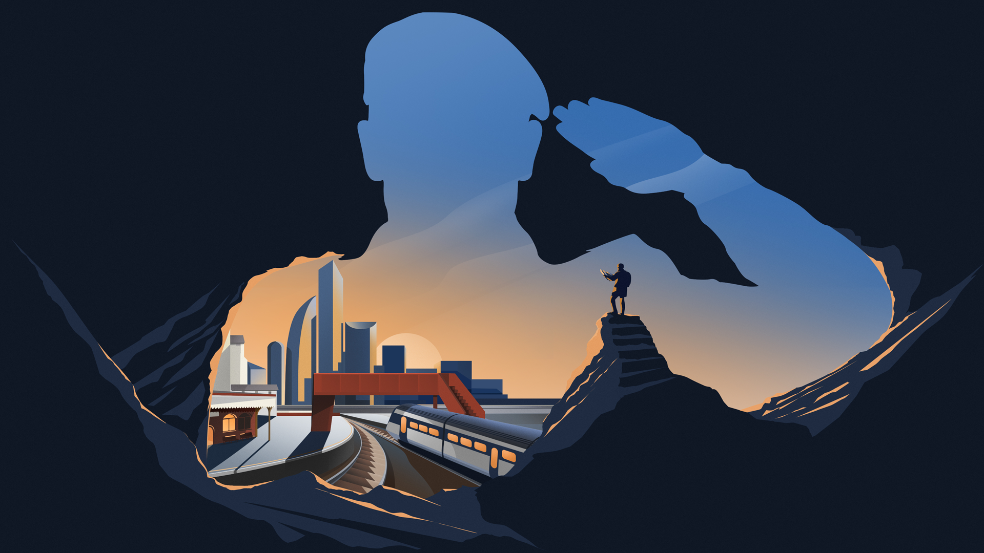 Silhouette cut out of soldier with city backdrop