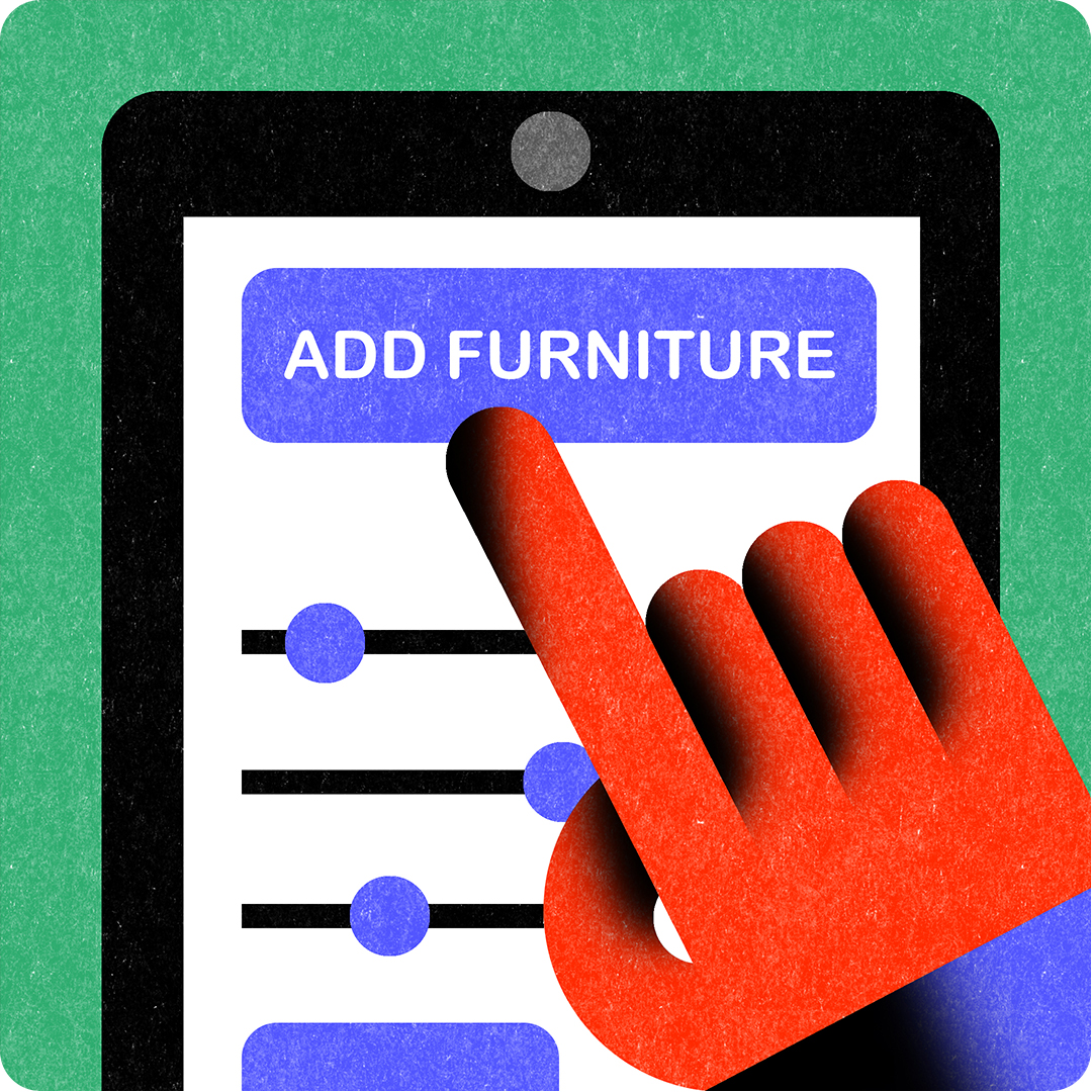 AI property listings by ZEBU Close of up hand pressing 'add furniture' button