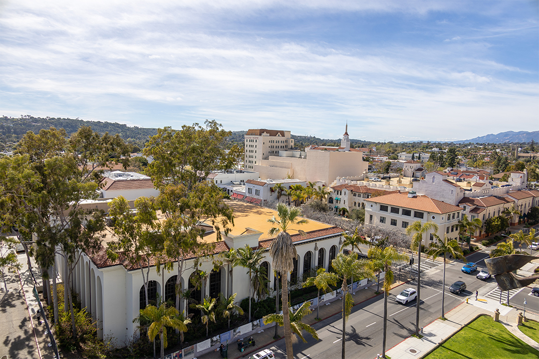 Santa Barbara courthouse Aerial view of white facade courthouse surrounded by palm trees
