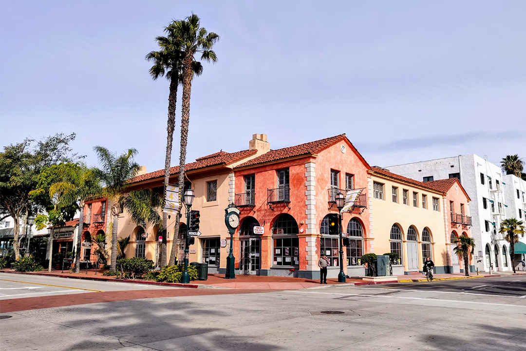 State Street, downtown Santa Barbara Row of shops in colonial Spanish style architecture