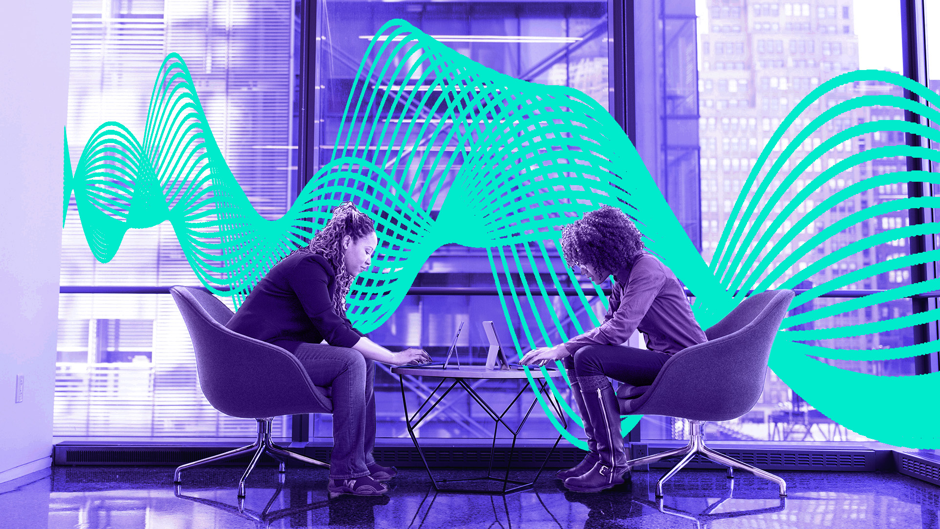 Two women sit opposite each other in chairs surrounded by glass exterior with audio wave sweeping through image
